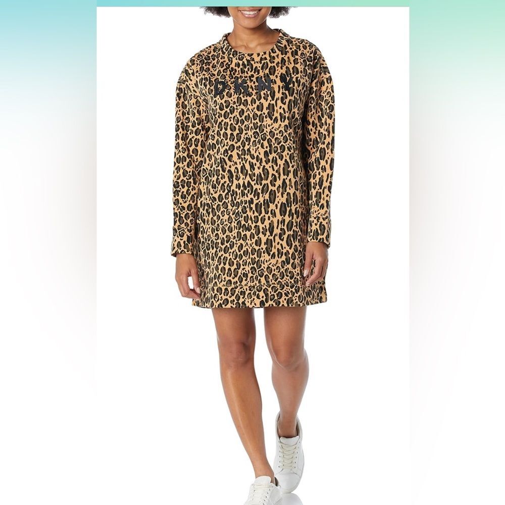 DKNY Women's Sport Leopard Print Long Sleeve Dress 1X Athleisure Sporty